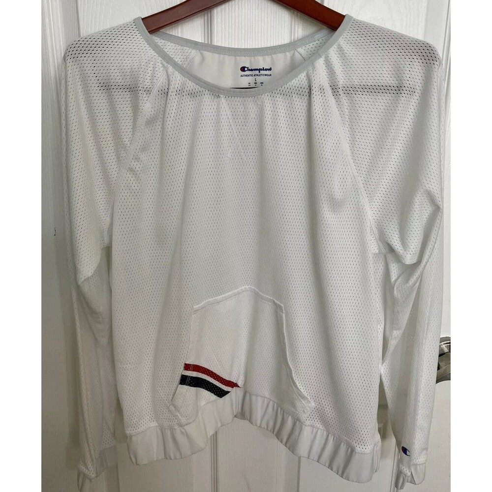 Champion Mesh Crew Shirt Women's Size L White Red Blue Stripe Retro Y2K Vitage